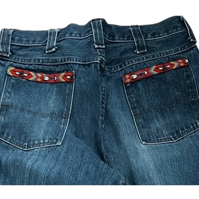 Y2K Western High Rise Bootcut Jeans Talon Zipper Raw Hem Boho 28 Blue - Image 3