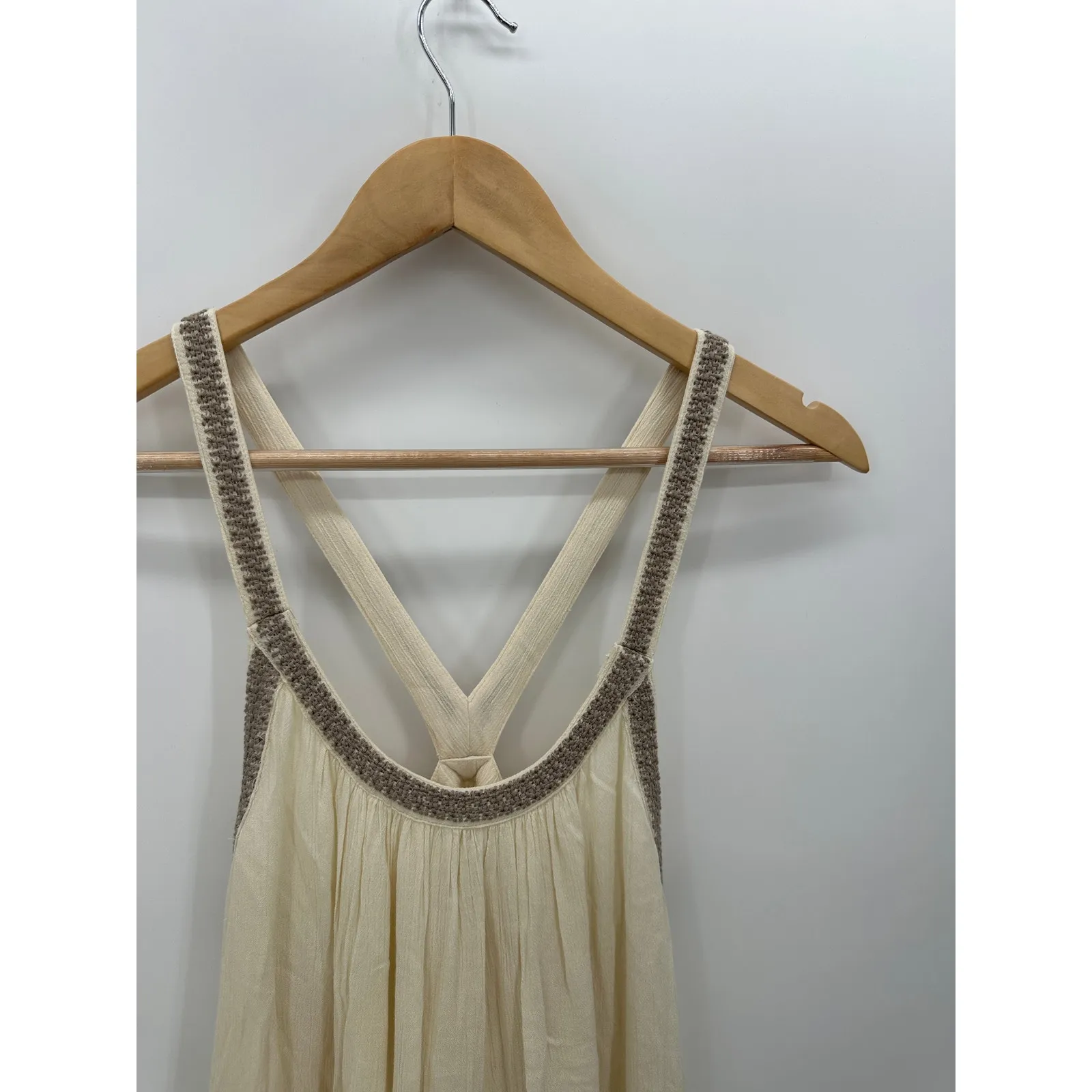 Ecote Women Small Cream Boho Dress Mini Frock Embroidered Racerback Rayon - Image 6