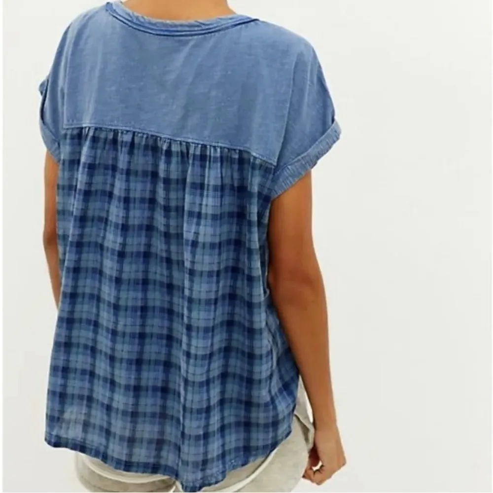 Anthropologie Pilcro Blue Mixed Media Plaid Short Sleeve Cuffed T-Shirt Size XS - Image 3