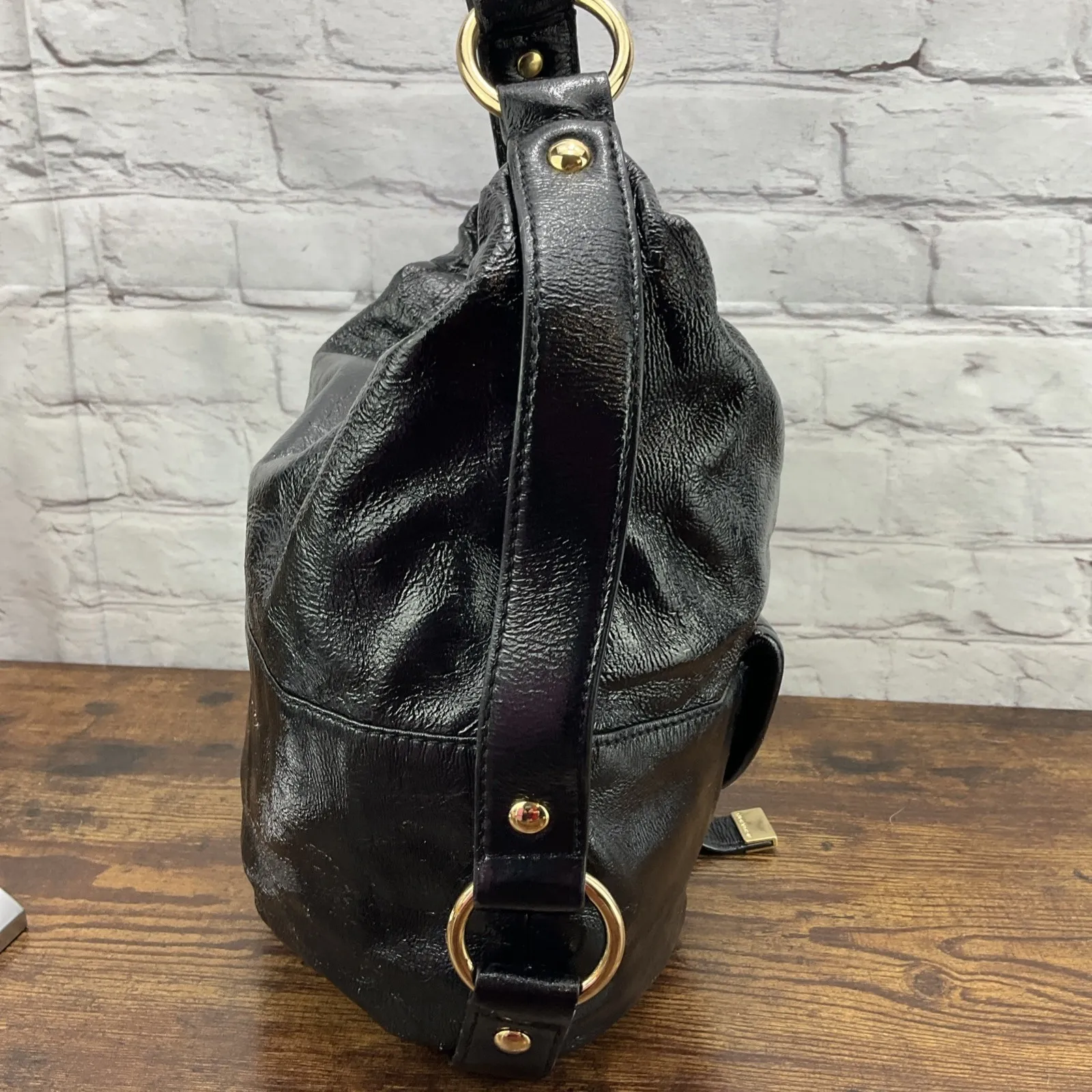 Michael Kors Fulton Large Black Patent Leather Hobo Shoulder Bag Gold Hardware - Image 3