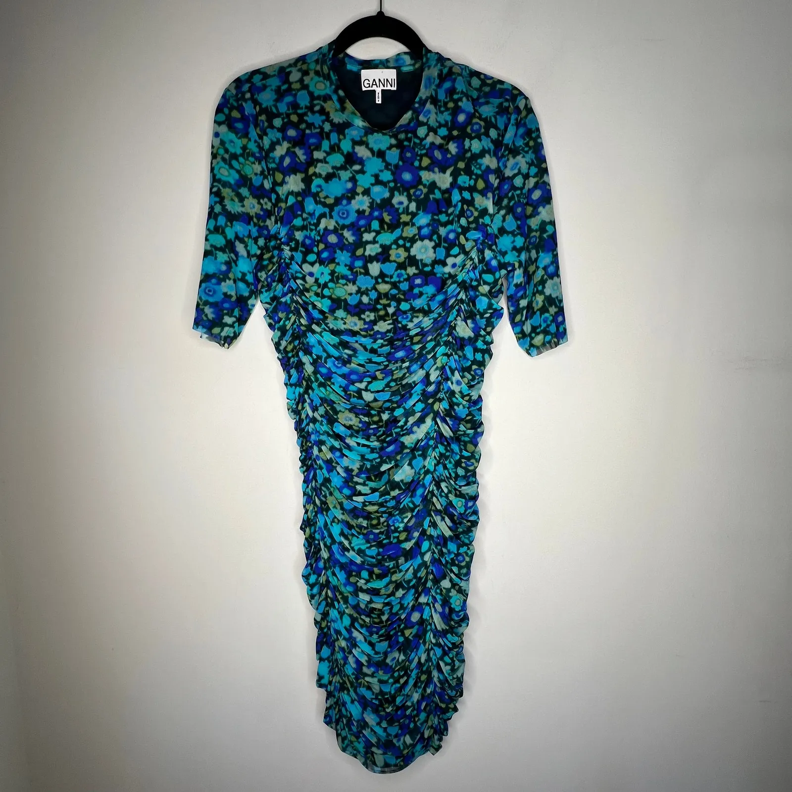 Ganni Azure Blue Floral Ruched Mesh Mini Dress Size Large/42 - Image 3