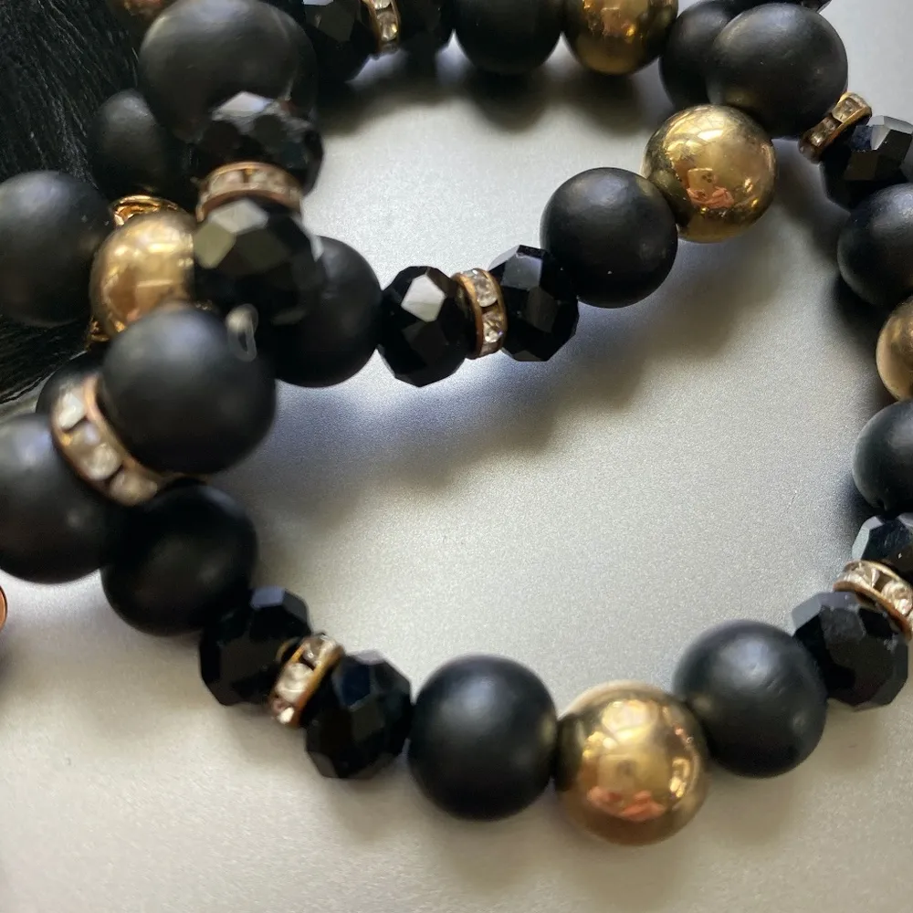 3 black and gold beaded stretch tassel bracelets - Image 4
