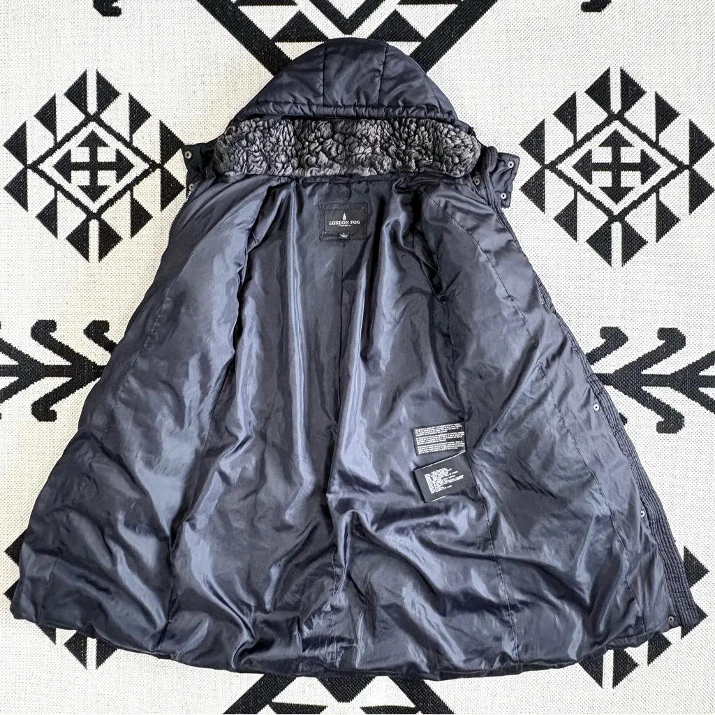 London Fog Faux Fur Trim Hooded Down & Feather Puffer Coat in Black Small - Image 6