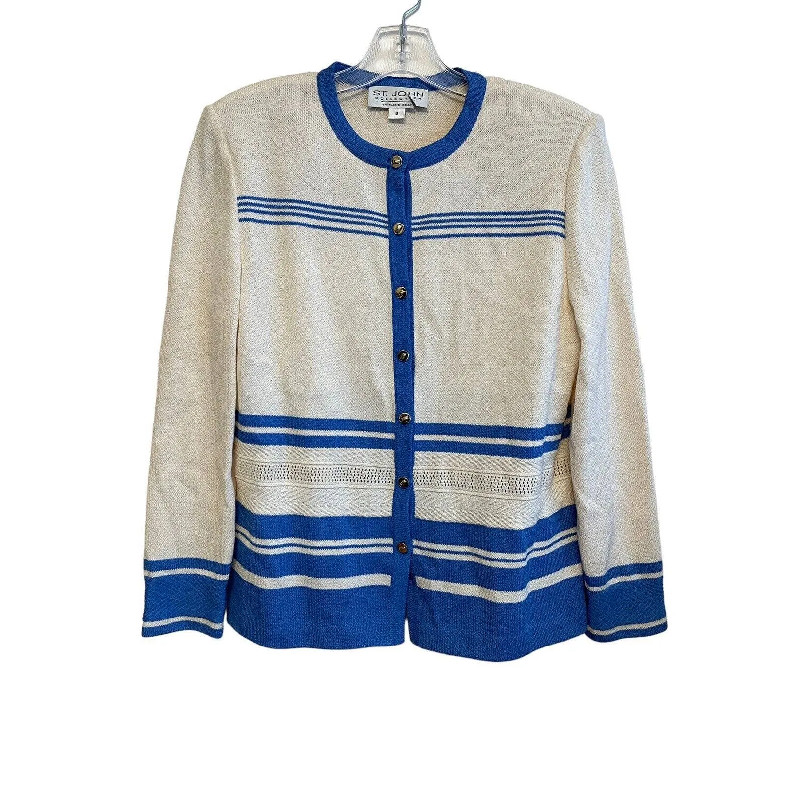 ST.‎ JOHN 3 Piece Blue White Knit Suit Gold Button Jacket Size 8 Skirt Size 14 - Image 3