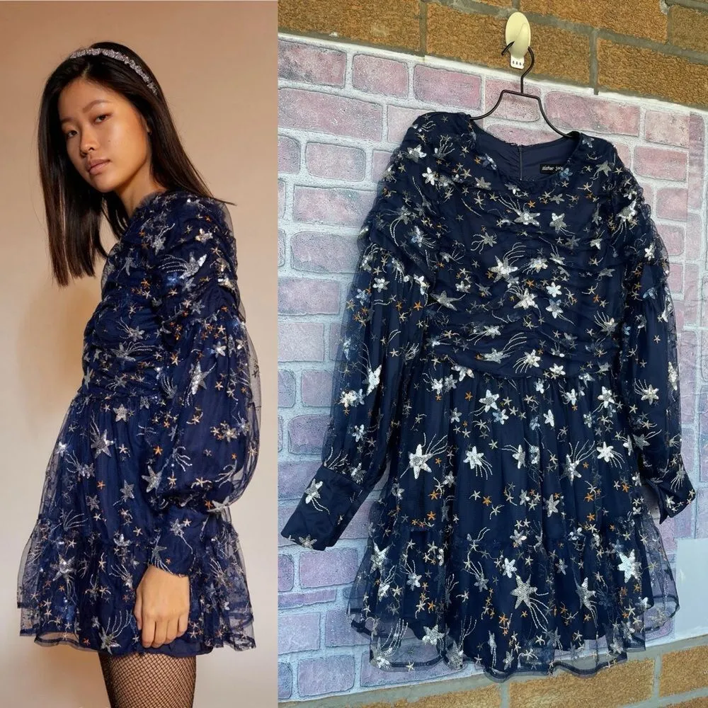Sister Jane Shooting Star Embroidered Mini Dress Navy and Silver medium Blue - Image 2