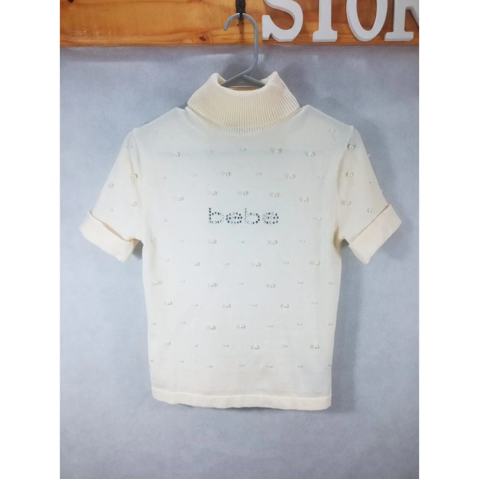 Bebe Y2K Rhinestone Turtleneck Sweater Soft Logo White Pearls Sz Small - Image 3