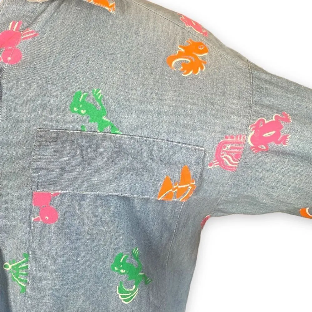 Vintage 80s Diane Von Furstenberg Shirt Chambray Vibrant Southwest Abstract Art - Image 5