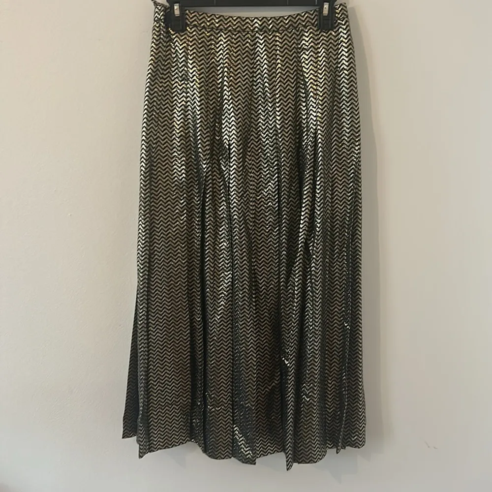 Vintage Black Gold Zip Zag Pattern Metallic Pleated Midi Skirt Size 10 - Image 2