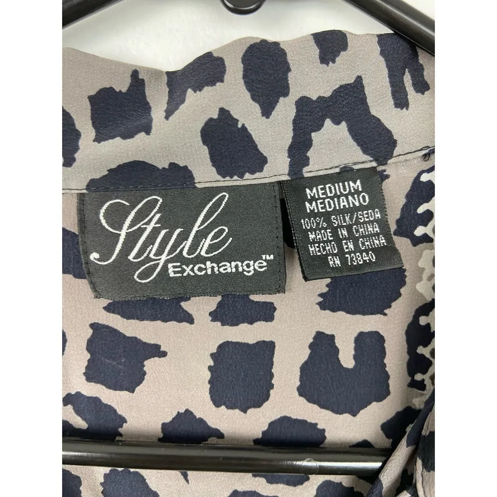 Style Exchange Silk Button Front Shirt Womens M Leopard Print Collared Short Slv - Image 6