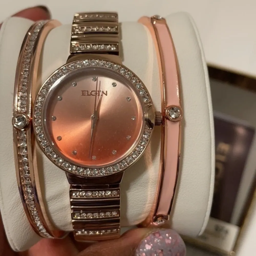 Elgin Rose watch gold tone bracelet watch coordinated set OS Pink - Image 3