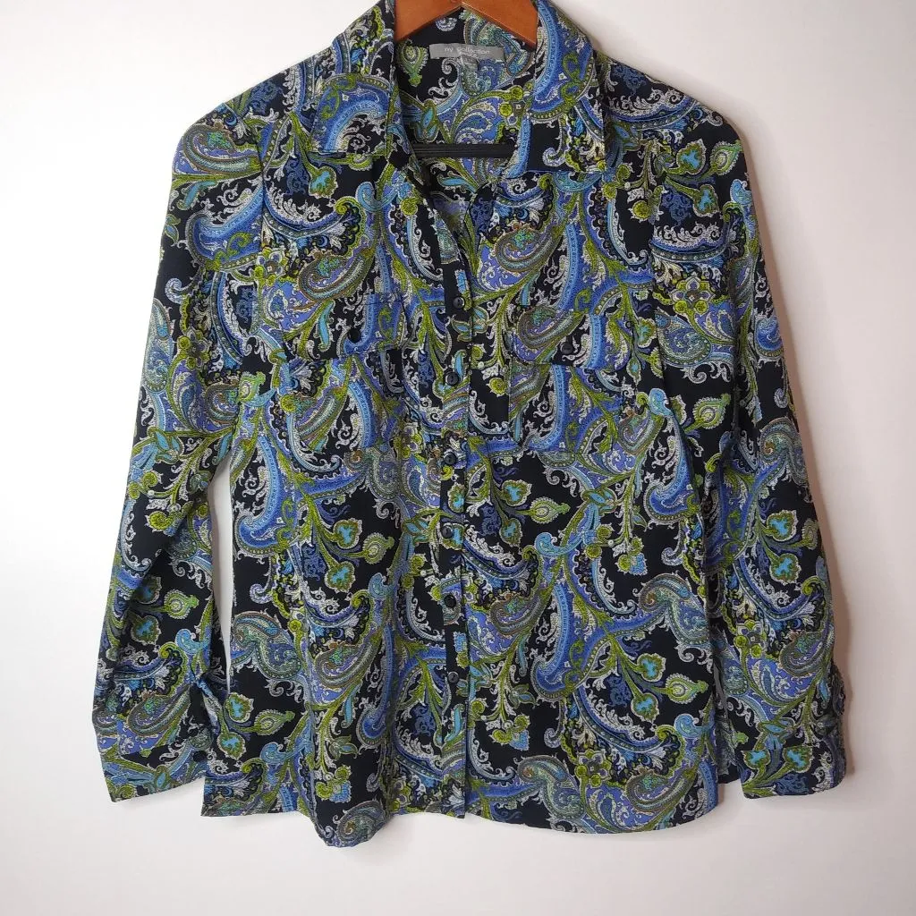 NY Collection MP Long Sleeved Button Down Top Petite in Black Blue Paisley - Image 1