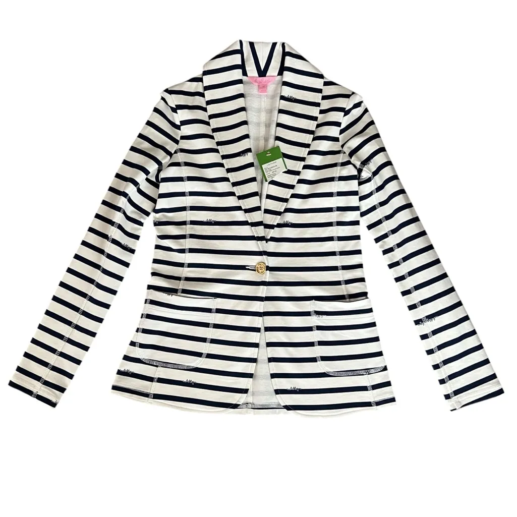 Lily Pulitzer Women’s Mindy Shawl Collar Striped Navy White One Button Blazer XS - Image 2