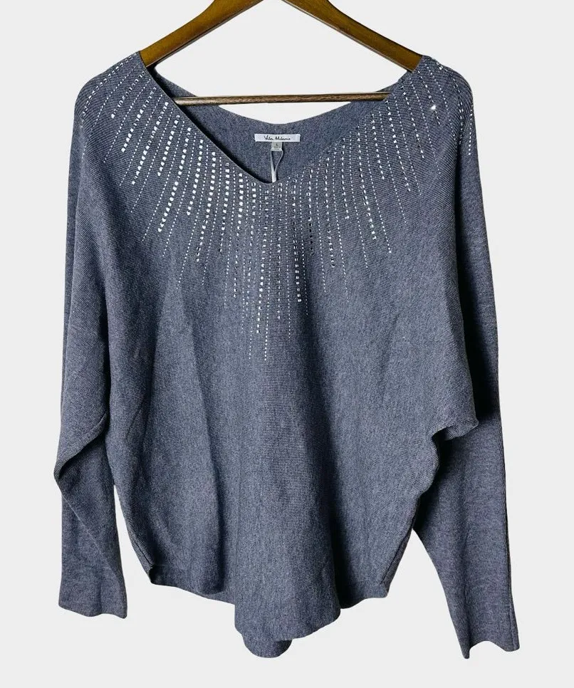 Vila Milano Rhinestone Embellished Knit Sweater Heather Gray Size Large - Image 1