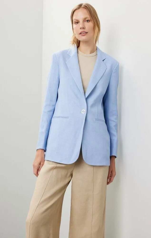 BOSS Light Blue Silver Gromet Front Button Linen Blend Blazer Boxy Jacket Size 4 - Image 2