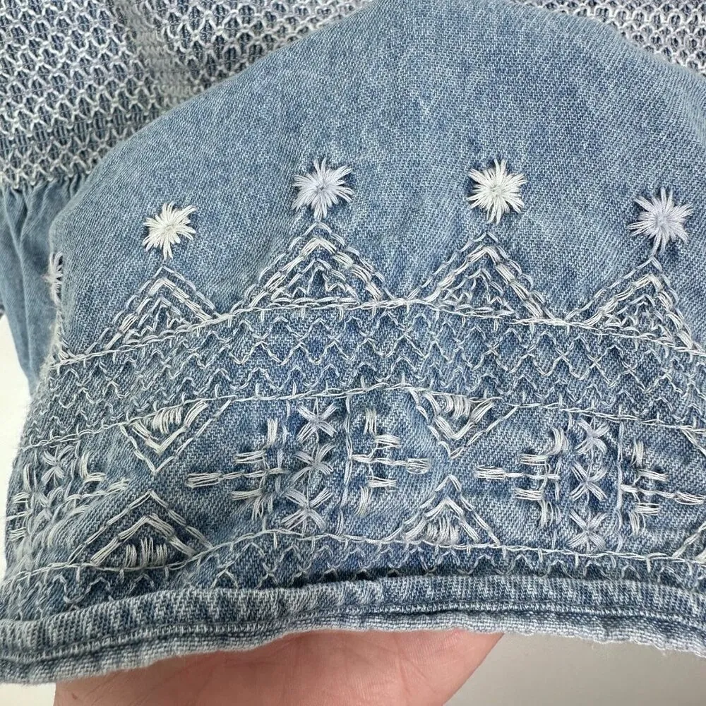 American Eagle Denim Chambray Square Neck Smocked Babydoll Ballon Sleeve Boho XL - Image 4