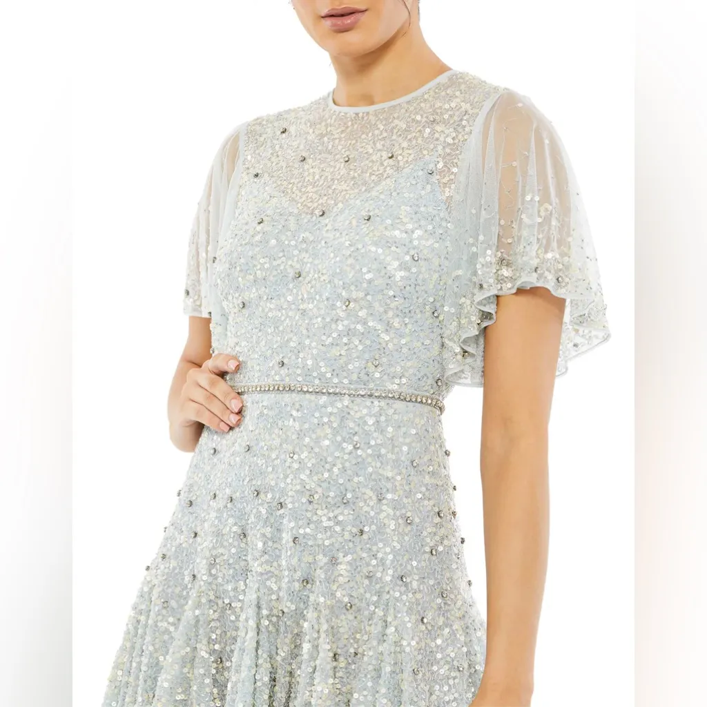 Mac Duggal Cape Sleeve Beaded Midi Dress Powder Blue NWT #93655 - Image 2