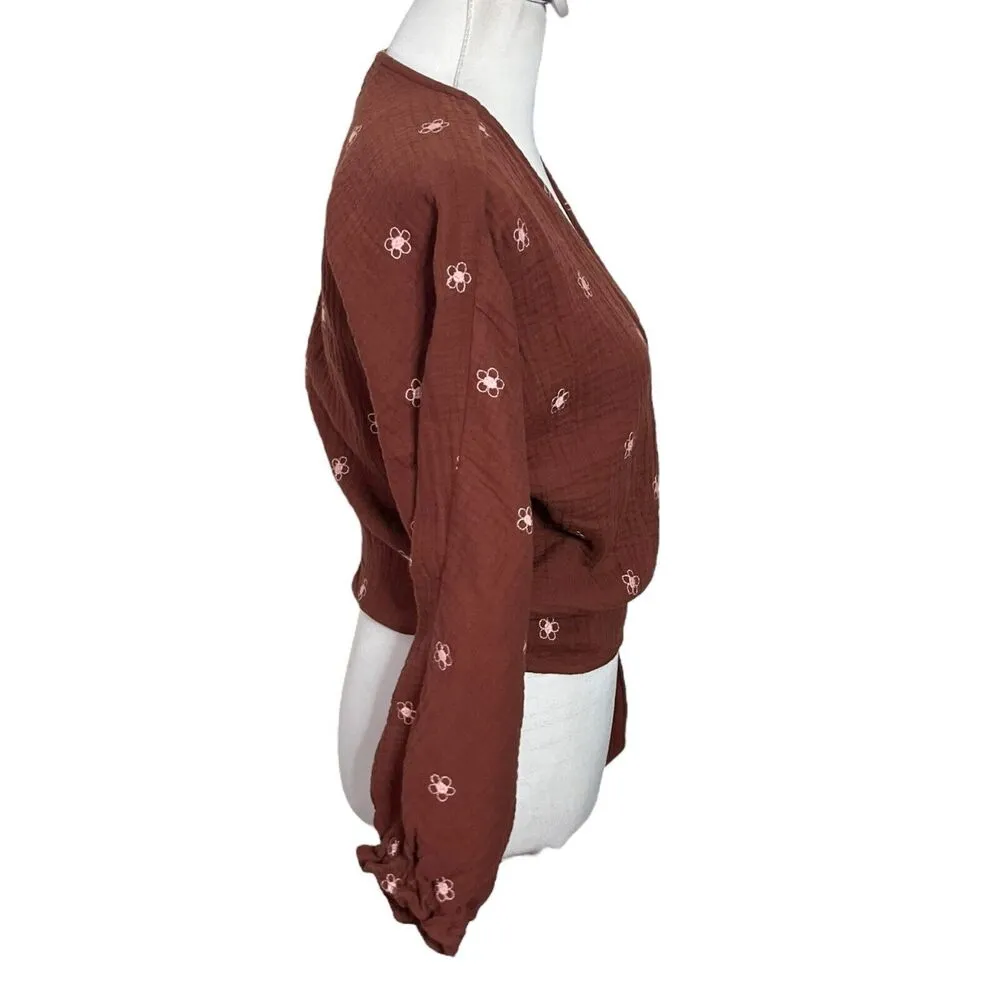 Madewell Lightspun Maira Wrap Top Brown V Neck Floral Embroidered Women’s Size S - Image 3