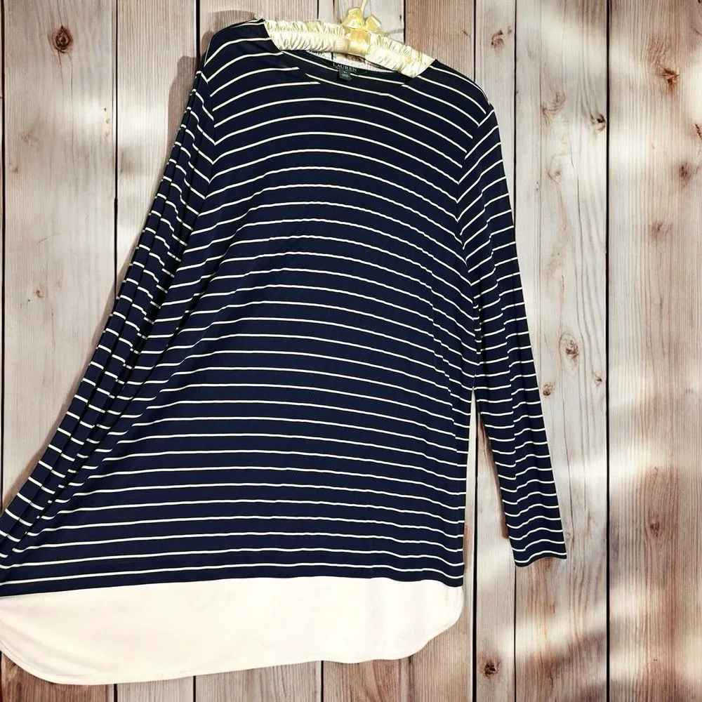 LRL‎ Ralph Lauren 3X Blouse Faux Under Shirt Viscose Stretch Navy Stripe Top - Image 2