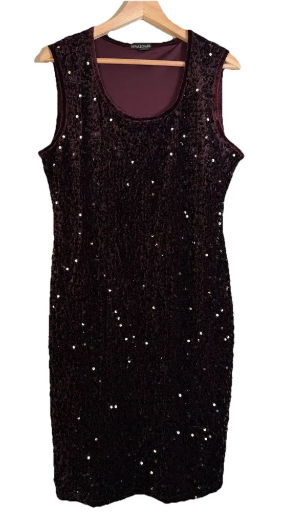 Velvet Sequin Sheath Dress Burgundy Purple Size L Party Holiday Stretch Date - Image 1