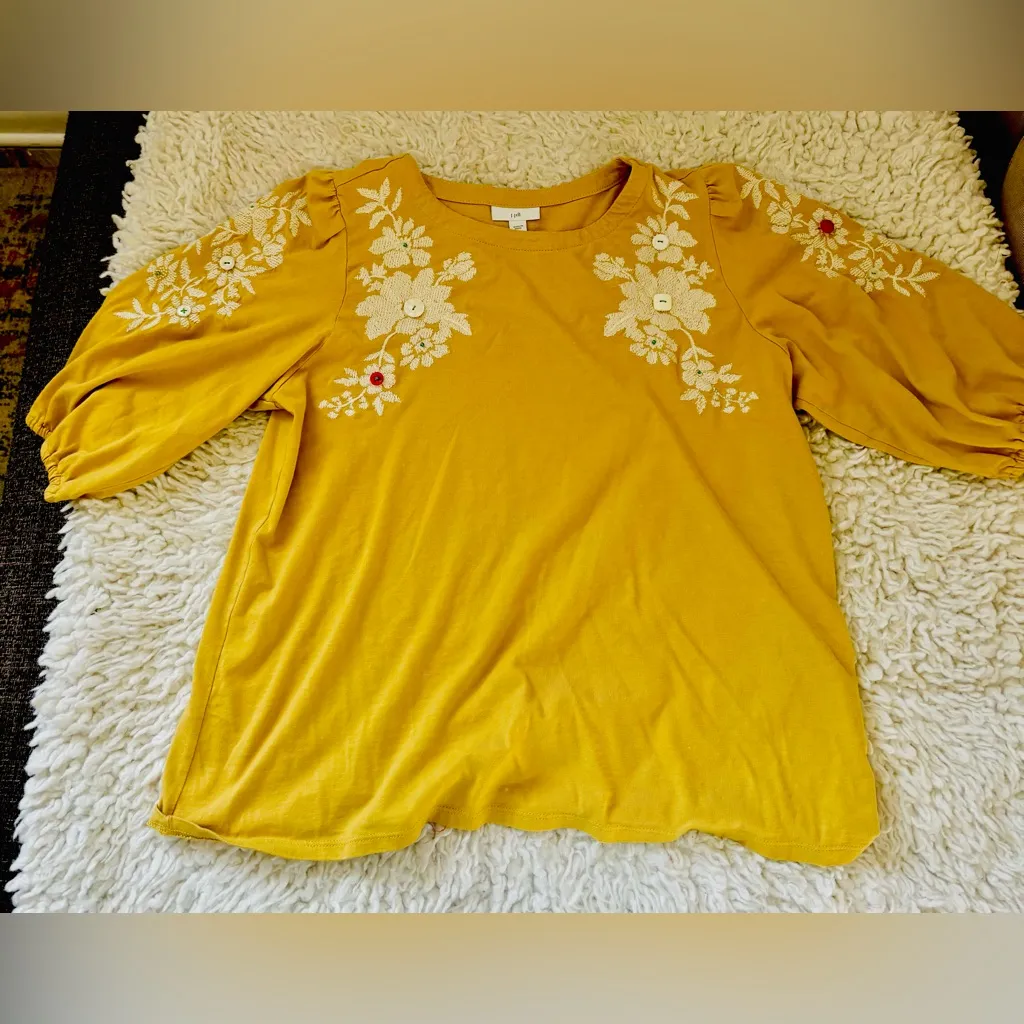 J. JILL Mustard Yellow Boho Embroidered Puff 3/4 Sleeve Vintage Button Top Small - Image 3