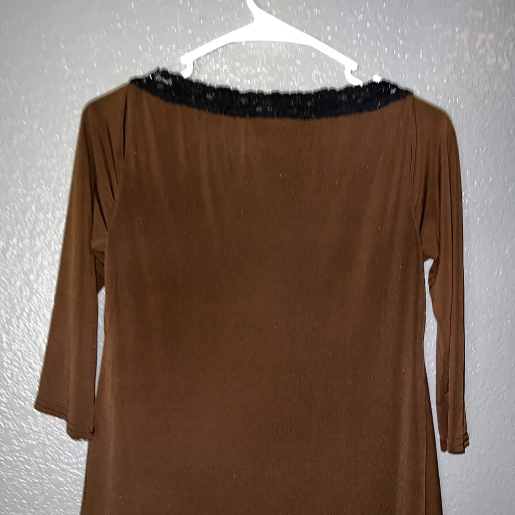 Anticipation Brown Velvet Top Lace Trim 3/4 Sleeve Stretch Shirt Women’s S Black - Image 2