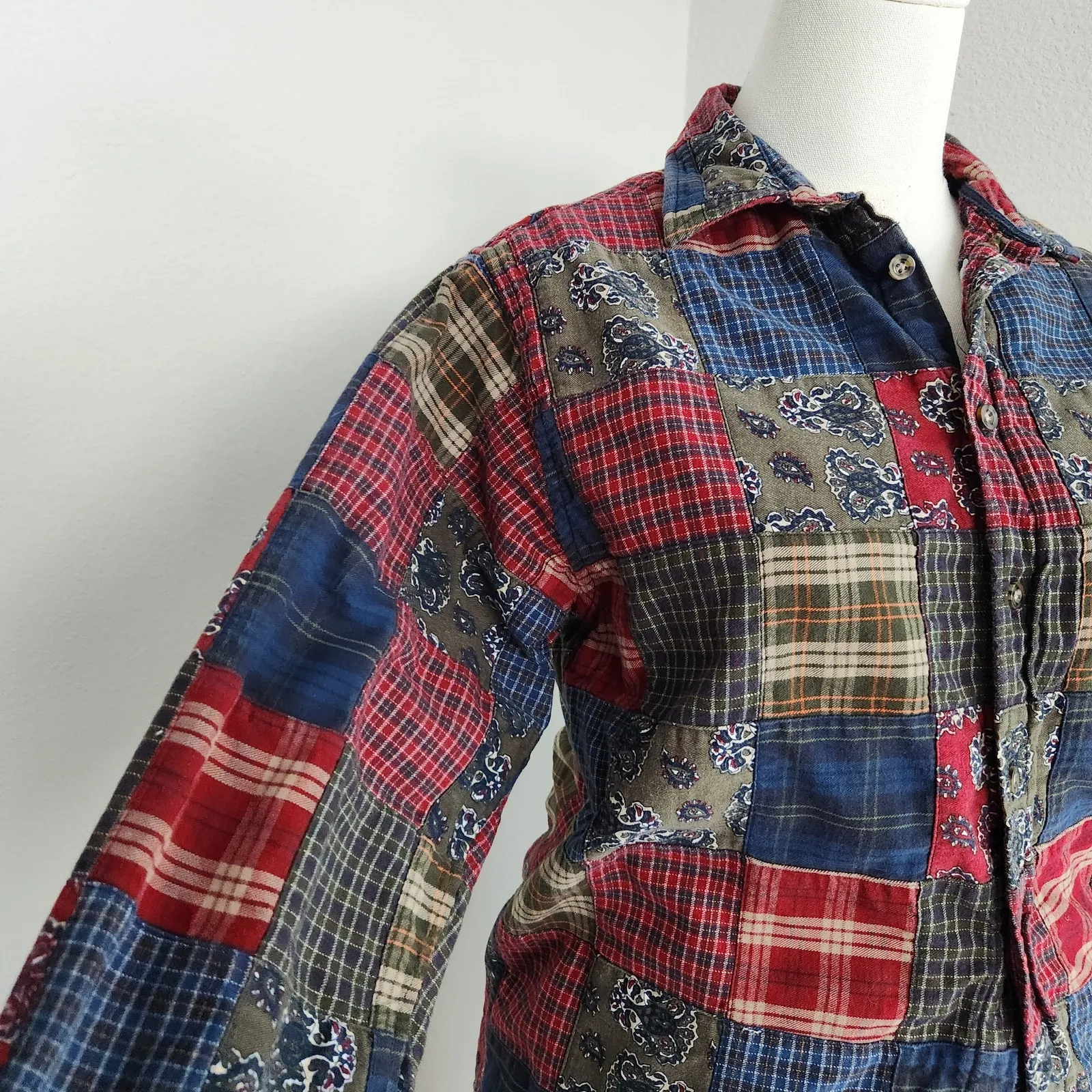 Vintage 90s Class Club Patchwork Plaid Bandana Print Cotton Button Down Shirt M Blue Size M - Image 2