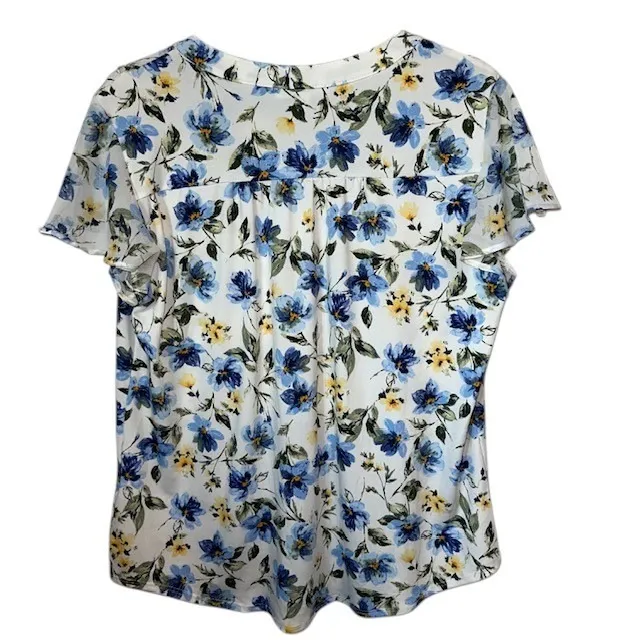 Perseption Concept Floral Ruffle Blouse Button Down Top Short Sleeve Size‎ L Blue Size L - Image 5