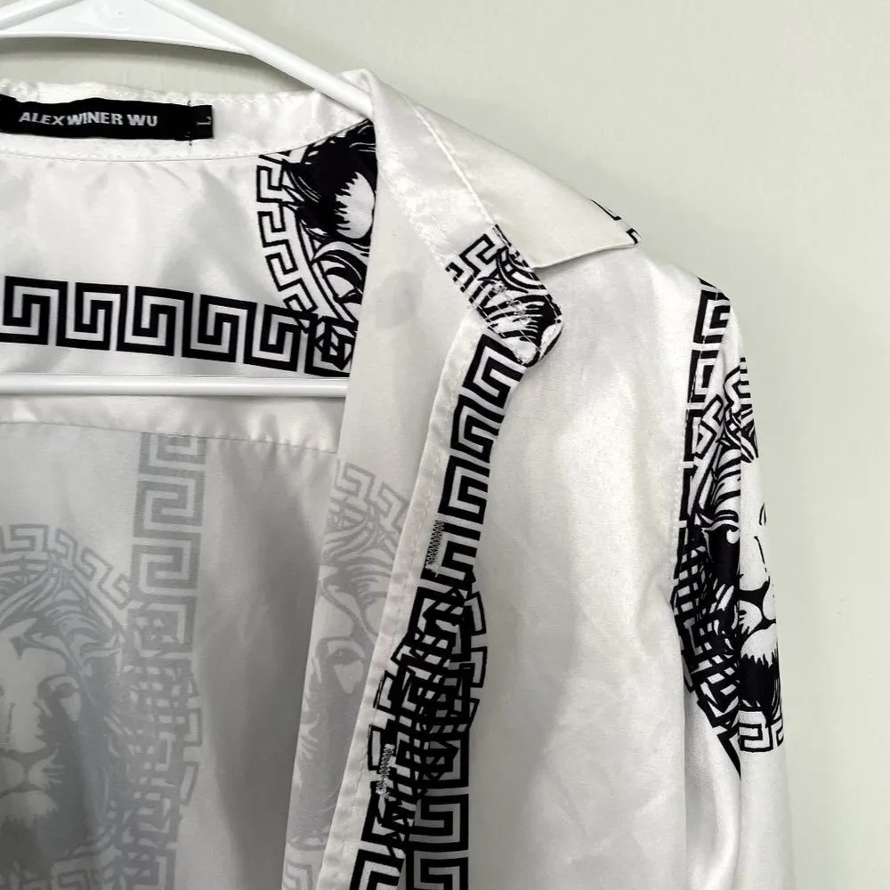 Alex Winer Wu white black striped lion design vintage button down women size L Size L - Image 2
