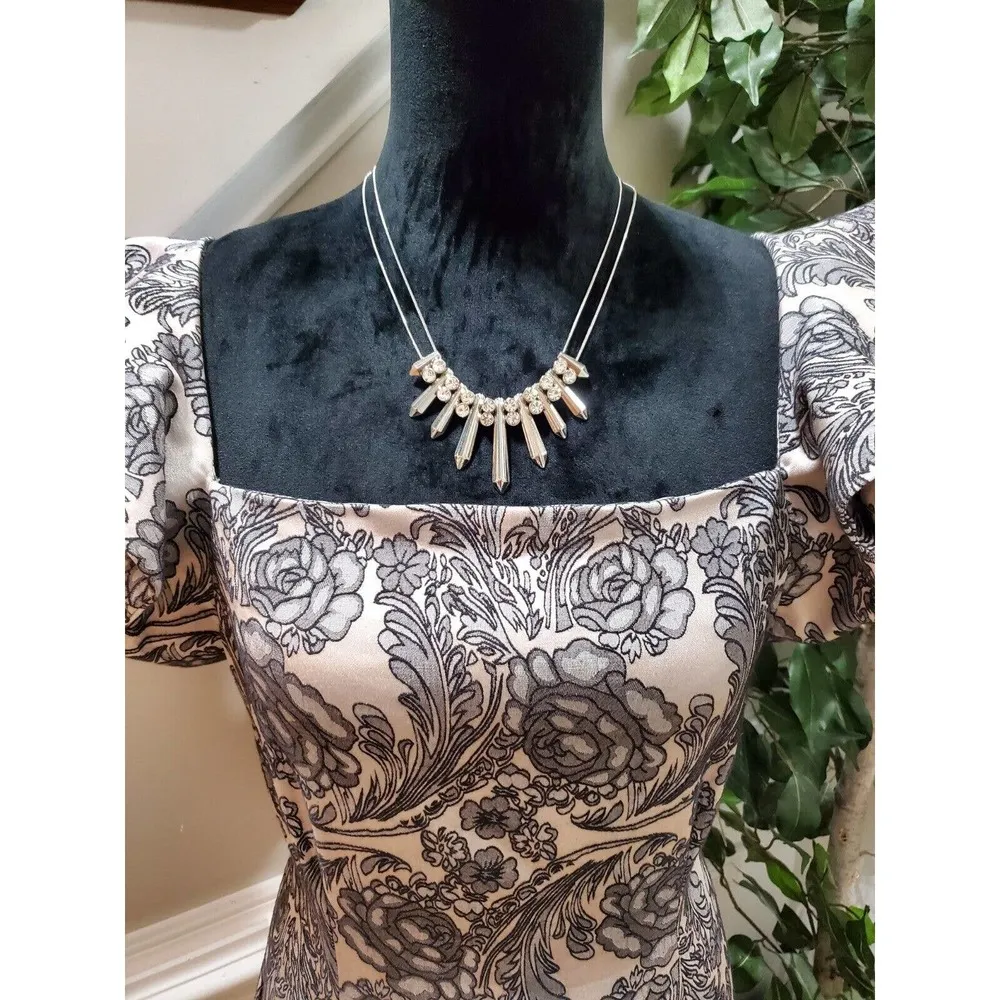 Vesper Women Floral Polyester Square Neck Short Sleeve Knee Length Dress Size 14 Brown - Image 2