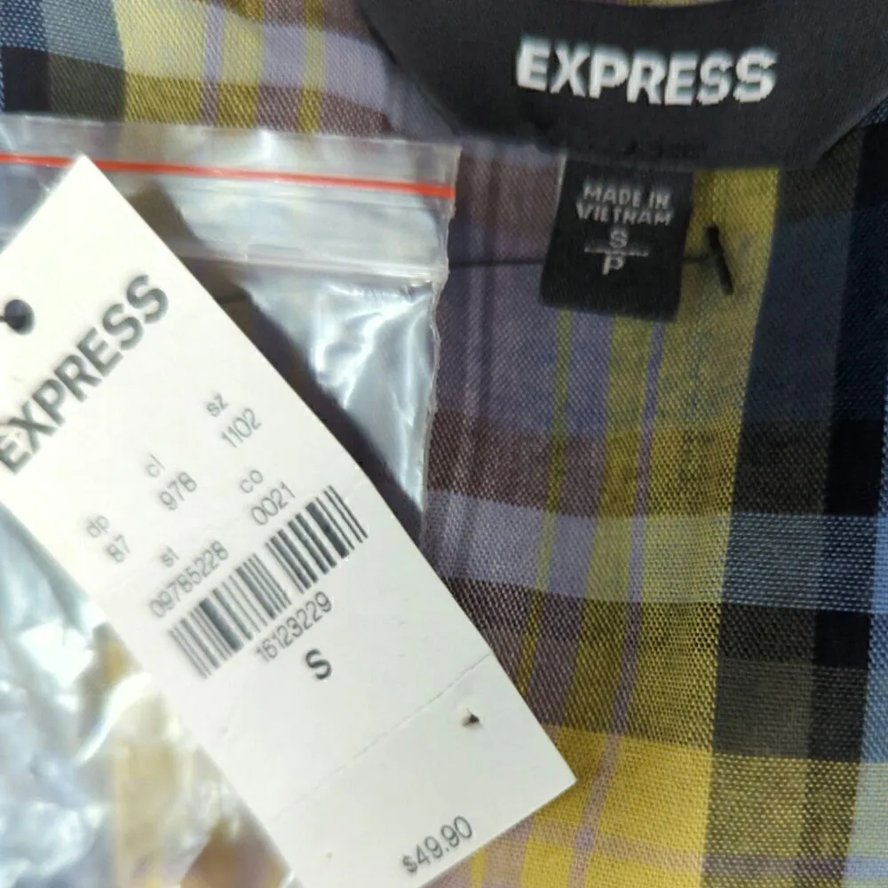 Express Yellow‎ & Blue Plaid V-Neck Button Peplum Top Small - Image 6