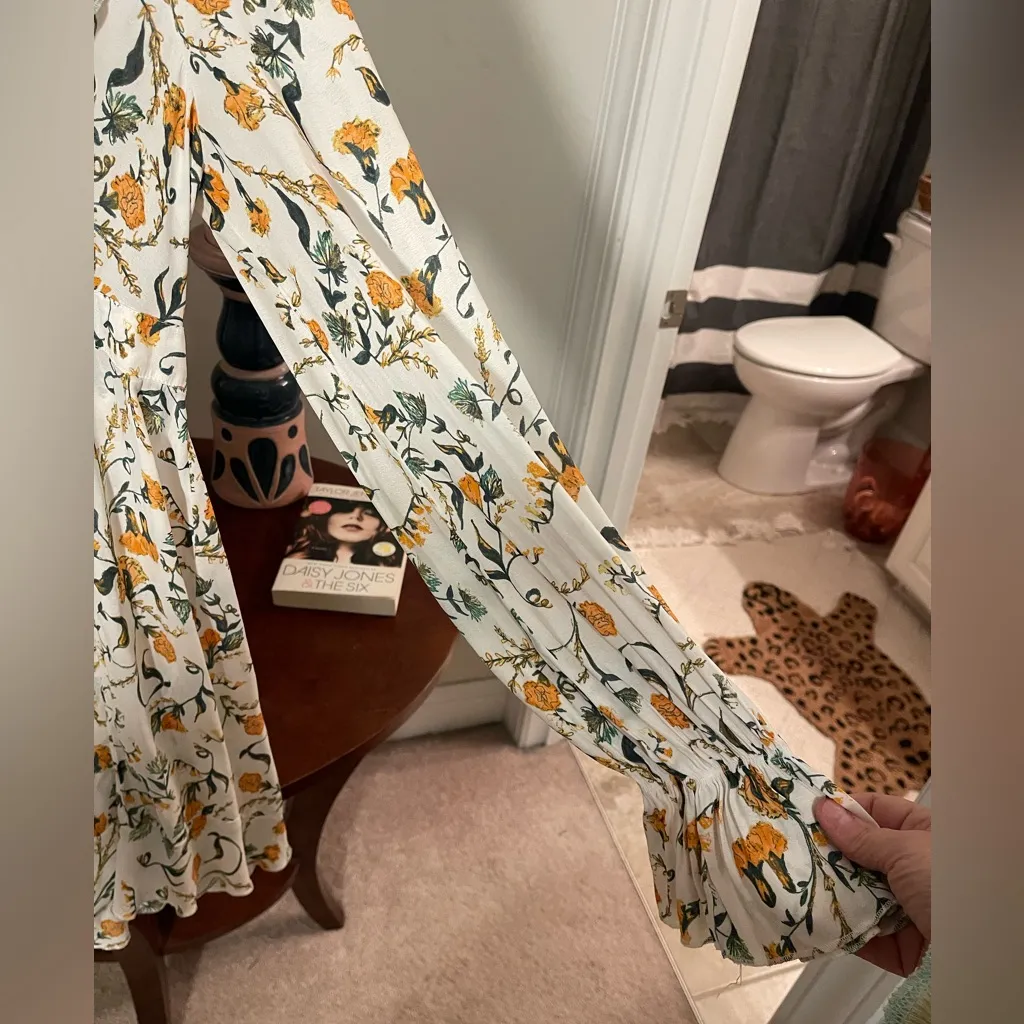 Free People Women’s Floral Long Sleeve Mini Dress Tie Back White Mini Ruffle 🌼 - Image 6