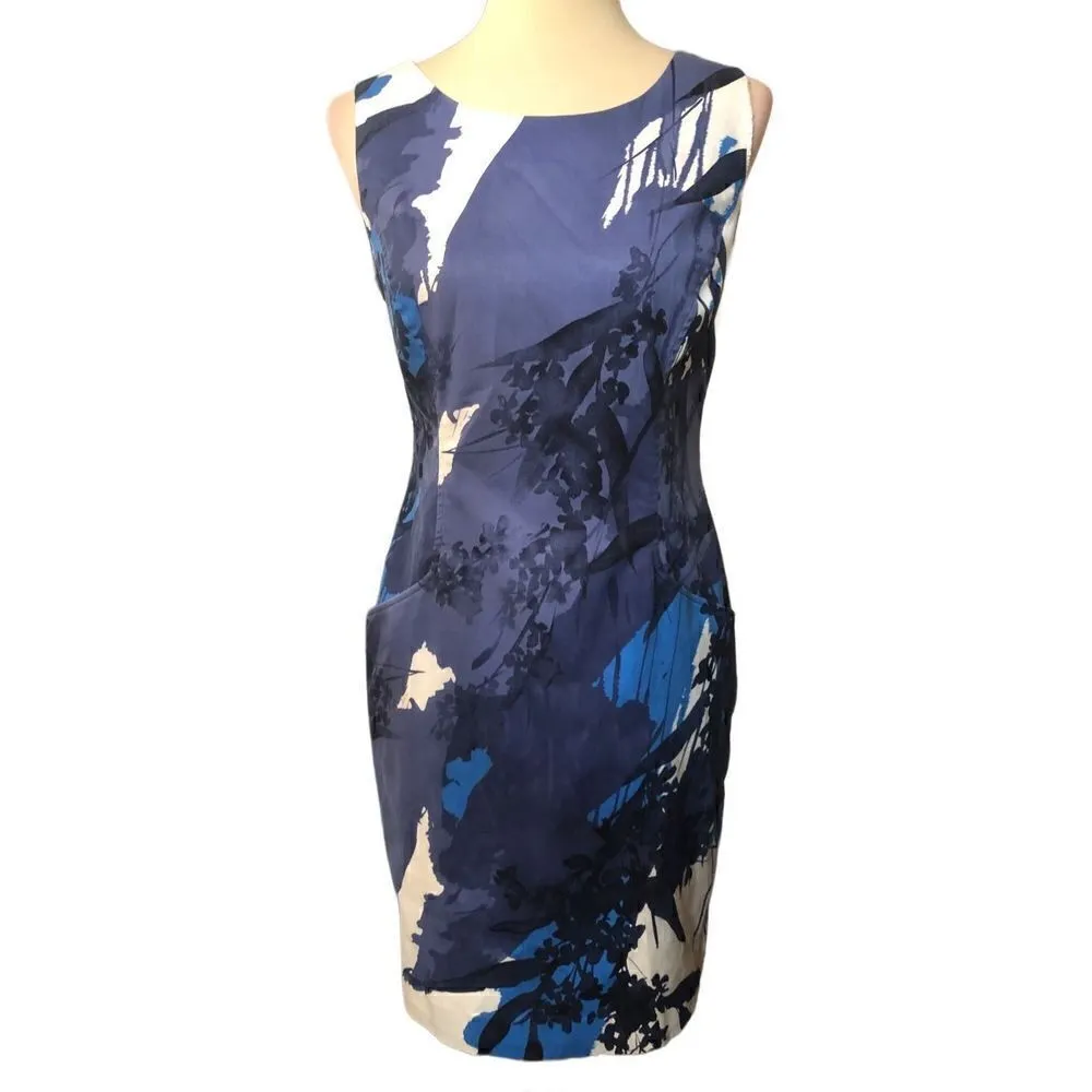 Tahari blue and white watercolor art to wear sheath career dress fully lined - Image 3