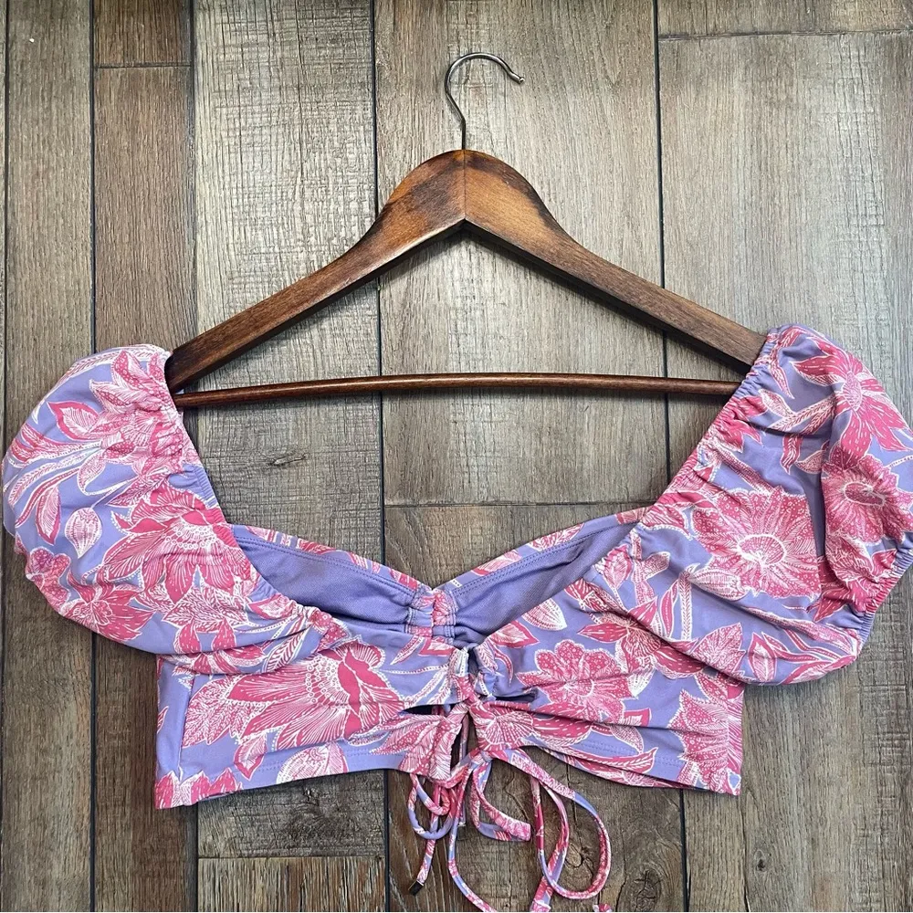 Time and Tru Womens Swim Bikini Top Purple Floral Sleeves Ruched Size XL - Image 3