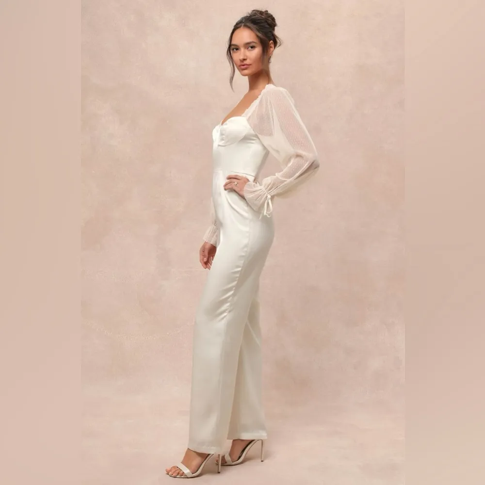 LULU’S Gracefully Modern Ivory Satin Mesh Long Sleeve Bustier Jumpsuit - Image 4