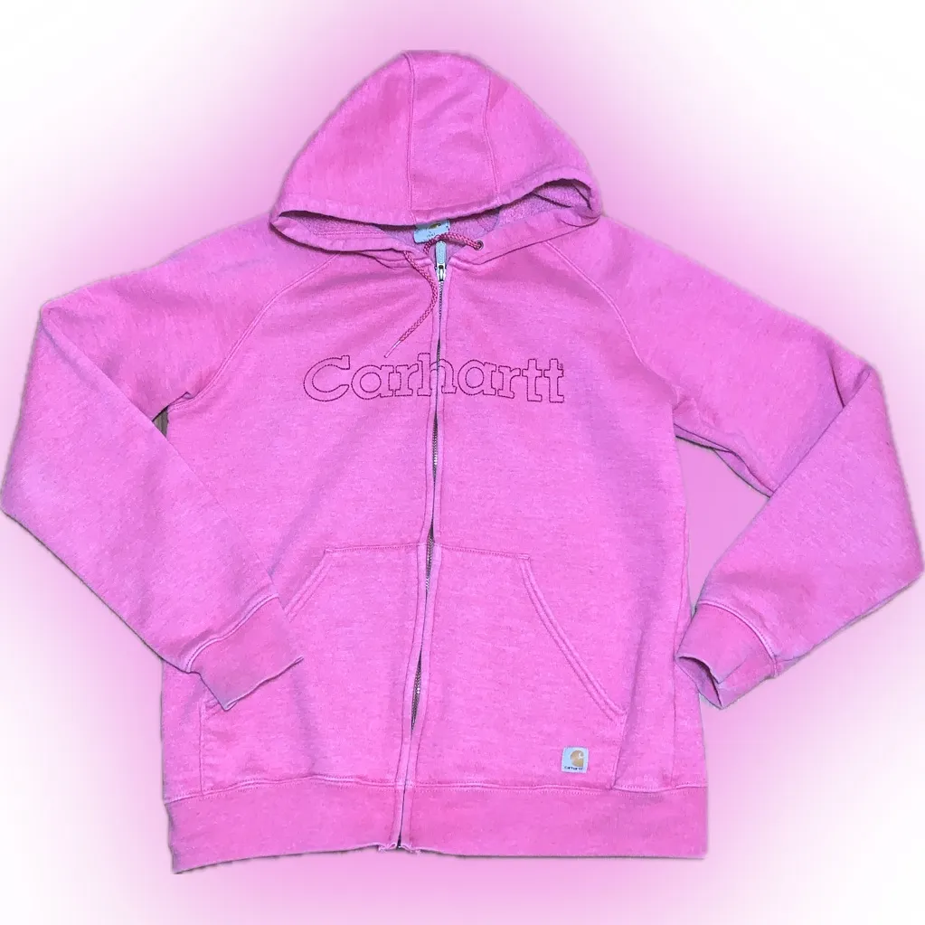 Vintage Carhartt Women's Fuchsia Pink Embroidered Zip-Up Chore Hoodie Jacket S - Image 9