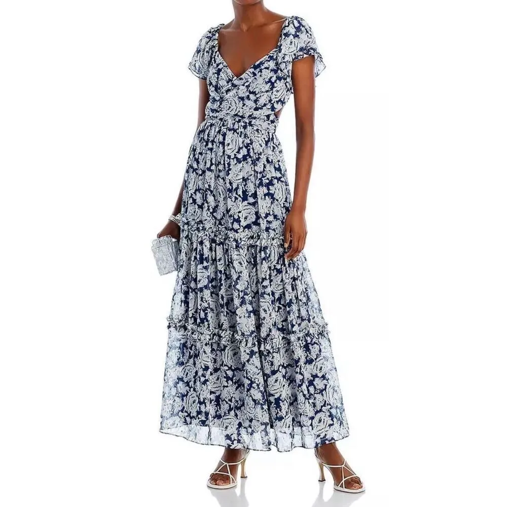 Aqua Maxi Dress Womens Size Small Tiered Metallic Formal Evening Gown Blue White - Image 13