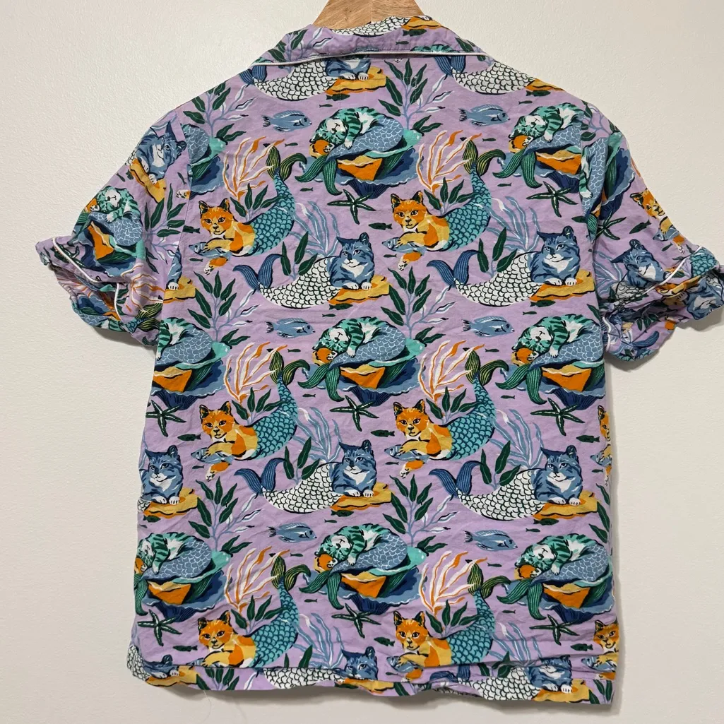 Print Fresh Pajama Sleep Top Size XS Purple Meowing Mermaids Cat Cotton Button - Image 5