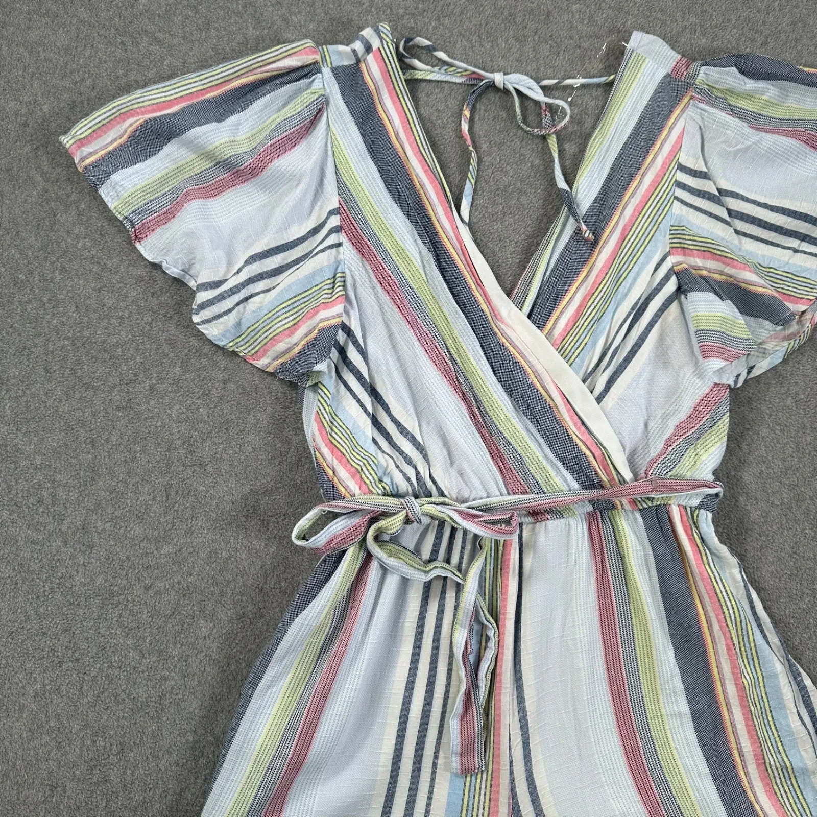 Altar'd State Stripe Romper Flutter Sleeve Size Small Belted V-Neck Blue Pink - Image 3