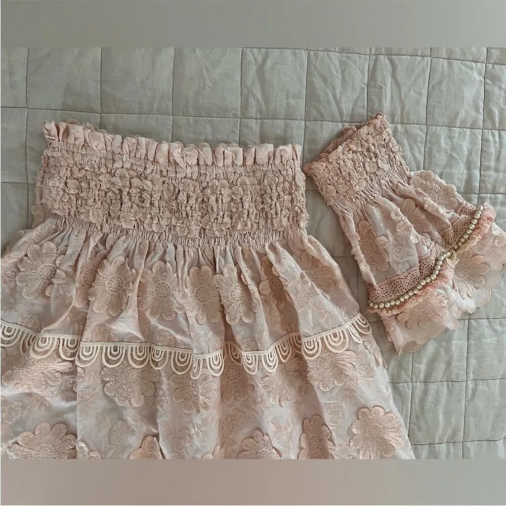 Laurie & Joe Pastel Peach Embroidered Boho Flower Strapless Babydoll Dress - Image 4