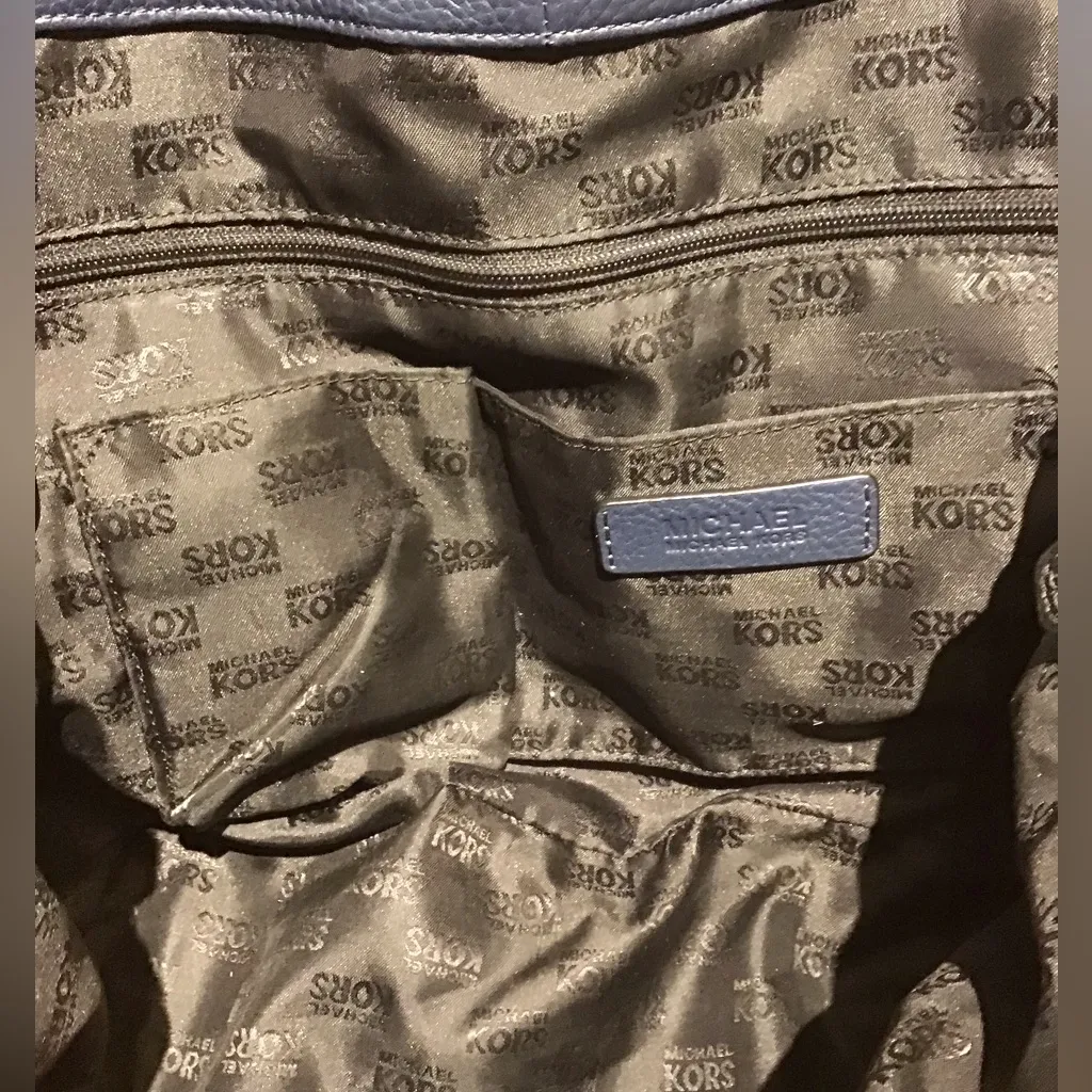 Michael Kors Leather Harness Luggage Grab Bag Satchel Tote Navy Blue - Image 14