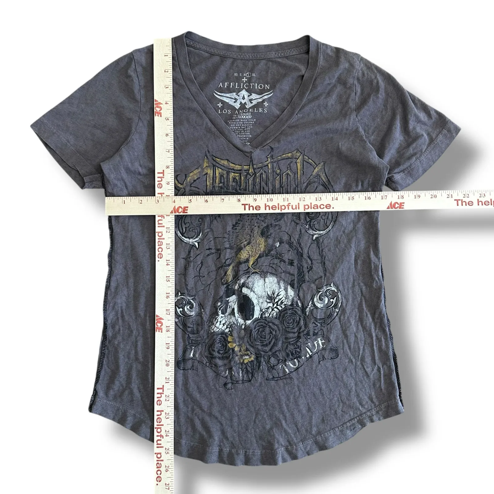 Affliction Y2K Grunge Skull Short Sleeve Shirt Womens Size L Brown Gray‎ - Image 3