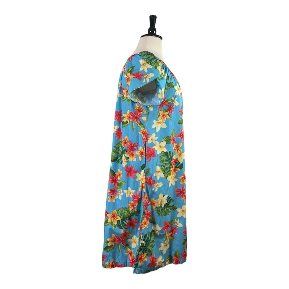 Puanani RJC Hawaiian Vintage Dress Tulip Sleeve Tropical Floral Women Size Large Blue - Image 3