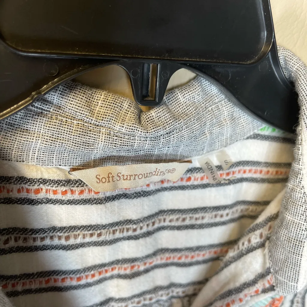 Soft Surroundings Aruba Striped Boho Tunic Embroidered 3/4 Length Sleeves Top‎ S - Image 3