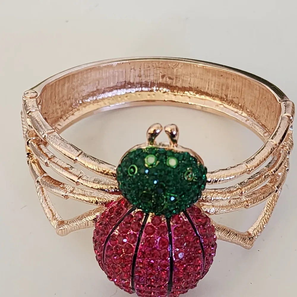 Rose Gold Green and Pink Crystal Spider Clamper Hinge Bracelet - Image 8