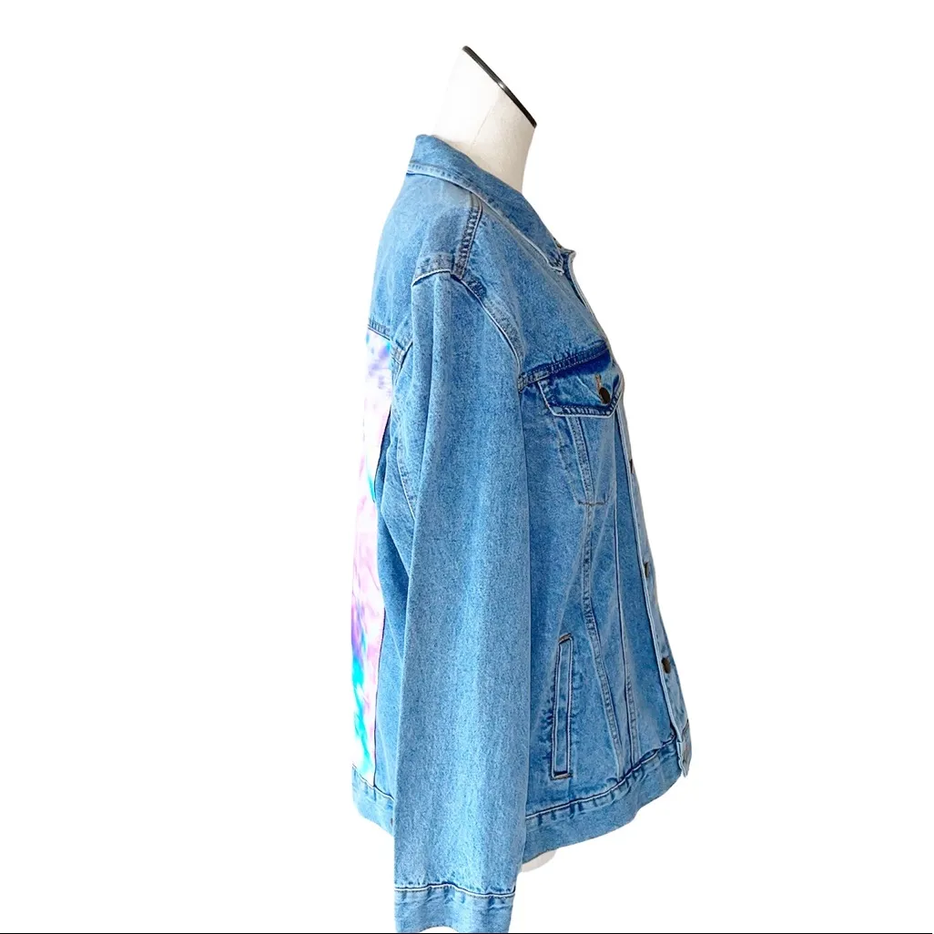 NWT AC/DC Tie Dye Back Patch Denim Jacket Light wash Blue Large - Image 5