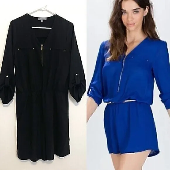 NY COLLECTION Solid Black Zip Zipper V-Neck Long Sleeve Roll Tab Romper NO BELT - Image 2