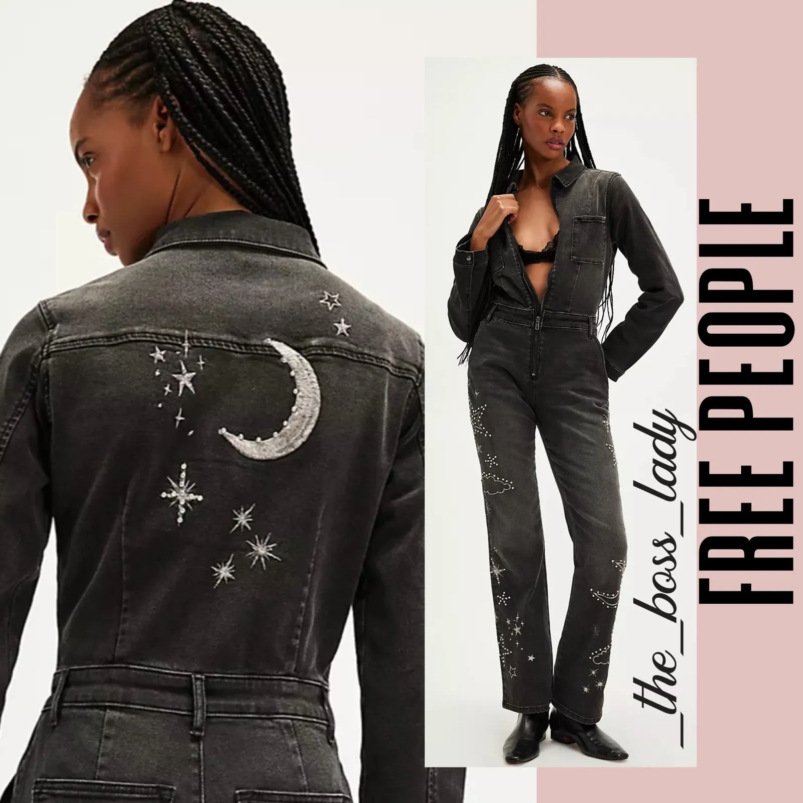 Free People x Driftwood jumpsuit denim one piece onesie embroidered Large - Image 8