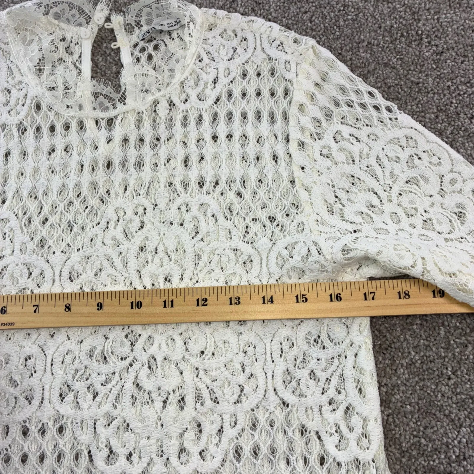 ZARA Womens L White Lace 3/4 Sleeve Mock Neck Keyhole Back Top Blouse‎ Boho Chic - Image 4
