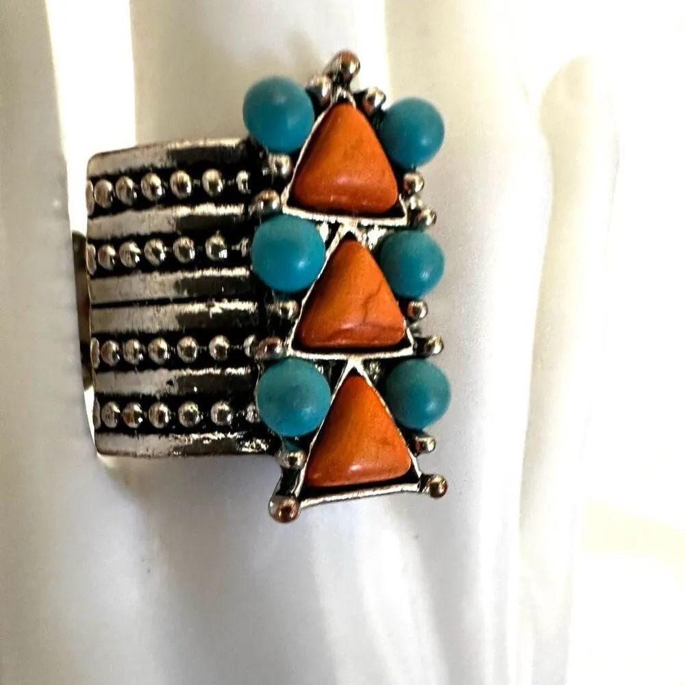 Blue and orange silver tone stretchy ring - Image 3