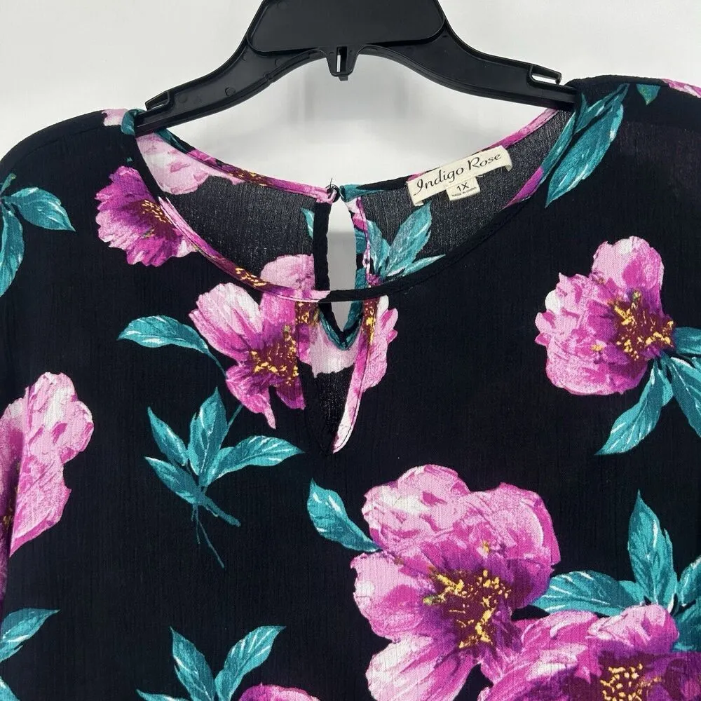 Indigo Rose Black Floral Gauzy Top Boho Feminine Flare Slit Sleeves Size 1X - Image 2